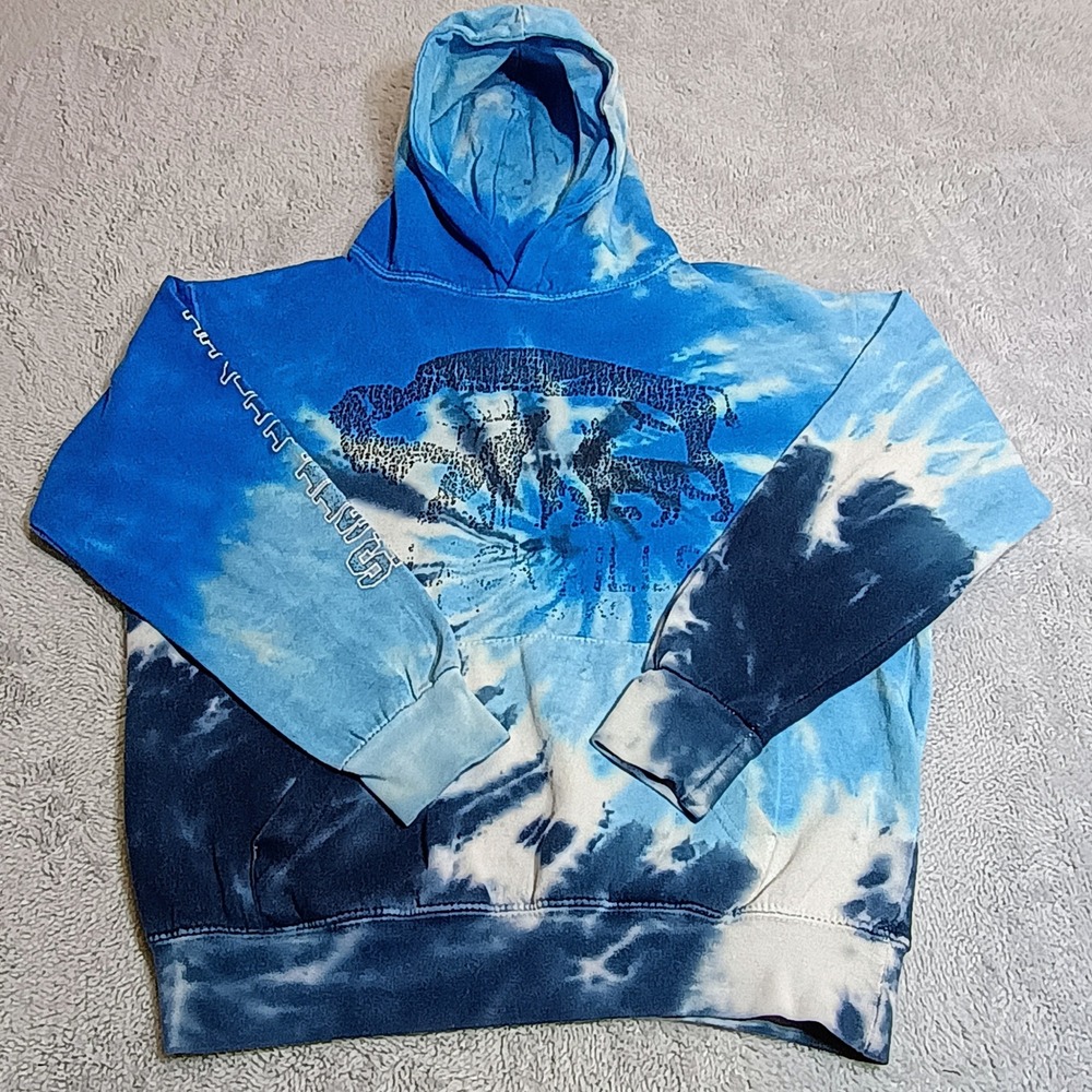 Colortone Hoodie Kids Size M 10-12 Blue Tie Dye Buffalo Graphic Pullover Sweater